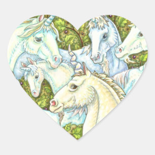MEDIEVAL UNICORN HERD, HORSES, STALLION Fantasy Hjärtformat Klistermärke