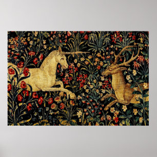 Medieval Unicorn Midnight Blommigt Garden Hanging  Poster