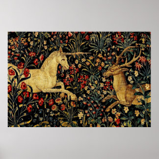 Medieval Unicorn Midnight Blommigt Garden Hanging Poster