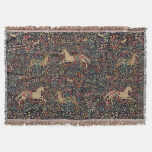 Medieval Unicorn Stag Hjort Midnight Blommigt Gard Filt
