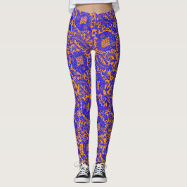 Medieval Unik Blommigt Ornament Cobalt Blue-Orange Leggings