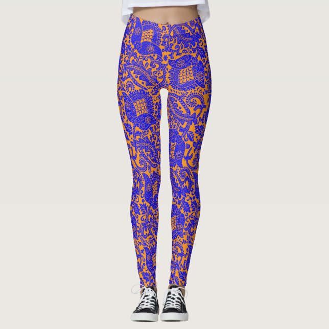Medieval Unik Blommigt Ornament Cobalt Blue-Orange Leggings (Framsida)
