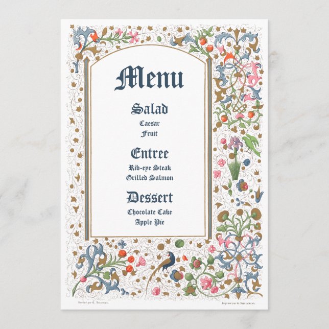 Medieval upplysta fåglar och blommor Bröllop Meny (Framsida)