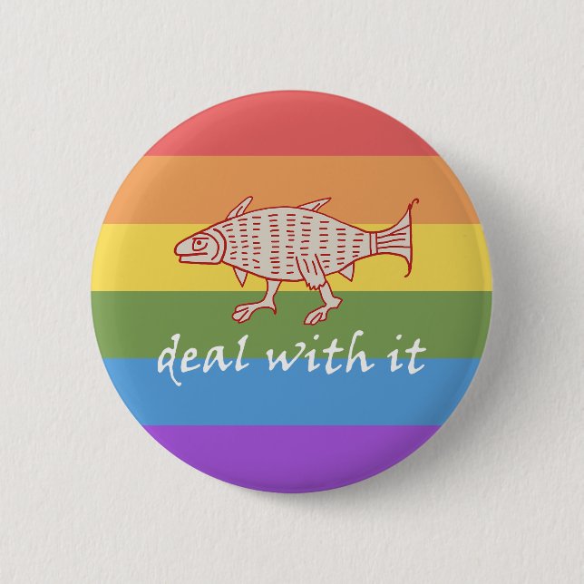 Medieval Walking Fish on Rainbow Rand Button Knapp (Framsida)