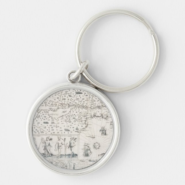 Medieval World map Quebec Nouvelle-Frankrike Ameri Rund Silverfärgad Nyckelring (Framsidan)