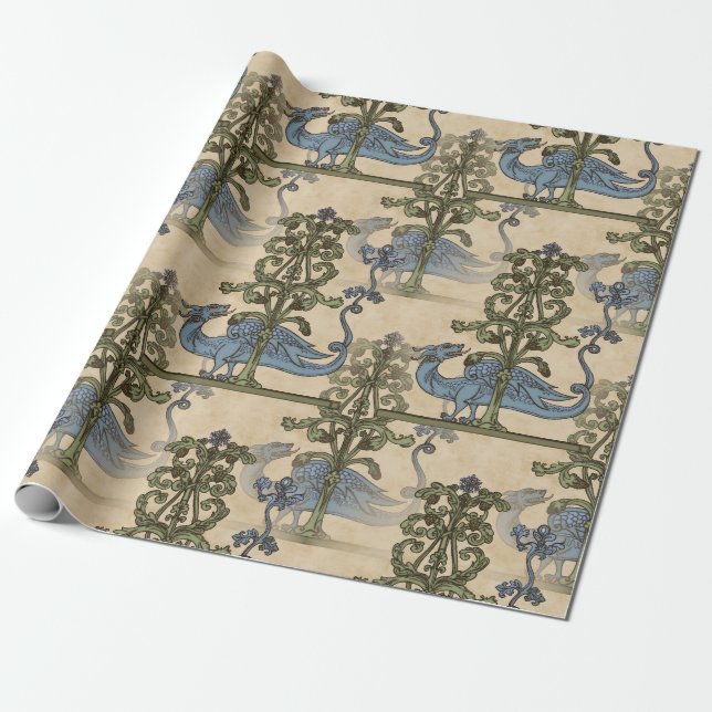 Medieval Yule Dragon Tiled Presentpapper (Utrullad)