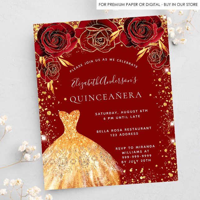 Mediinbjudan till Quinceanera red guld dress socia (Skapare uppladdad)
