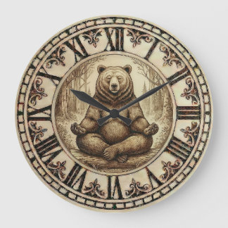 Meditating Bear Wall Clock – Wood-Burned style  Stor Klocka