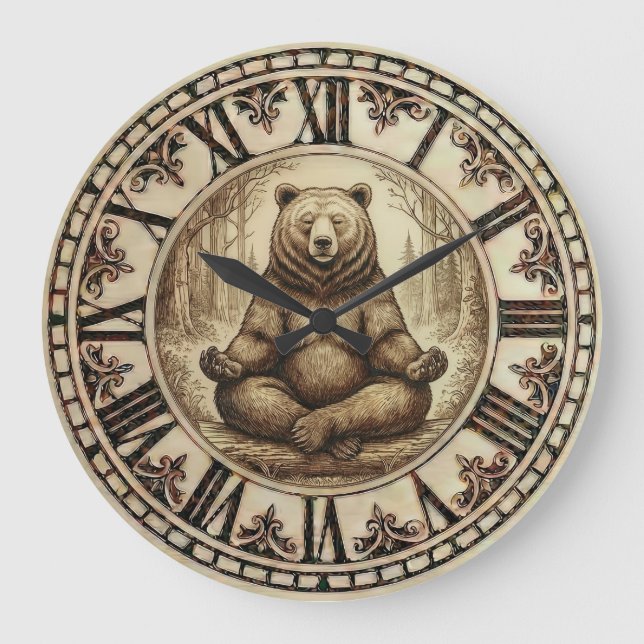 Meditating Bear Wall Clock – Wood-Burned style  Stor Klocka (Framsida)