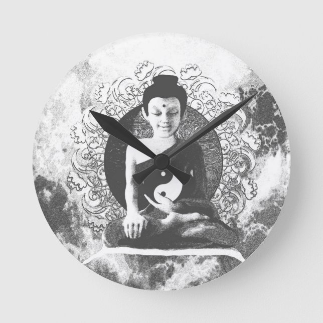 Meditating Buddha med Yin Yang Rund Klocka (Framsida)