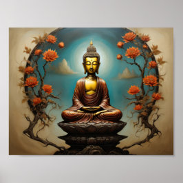 Meditating Gautama Buddha med blommor träd Poster