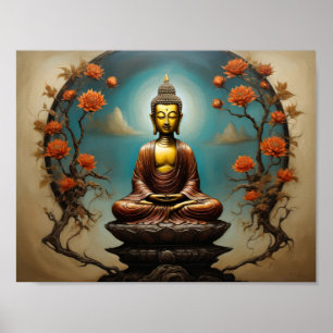 Meditating Gautama Buddha med blommor träd Poster
