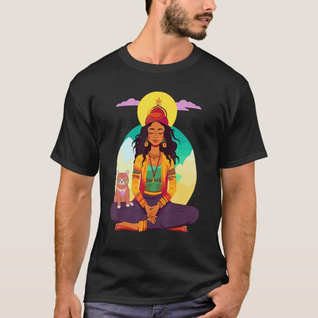Meditating Rasta Girl with Cat T Shirt (Framsida)