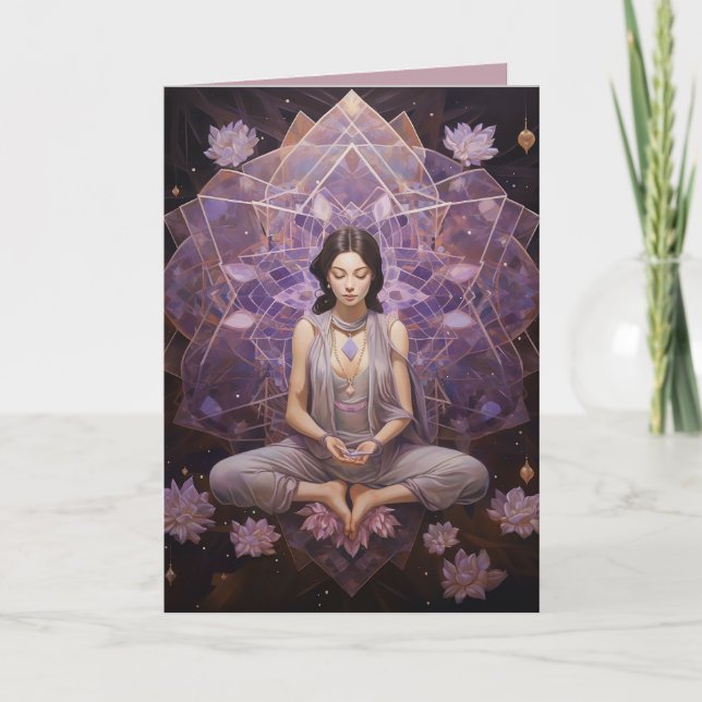 Meditating Yoga Crystals Amethyst Lotus Birthday Kort (Framsida)