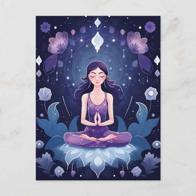 Meditating Yoga Girl, Crystal Dreamy Lila Lotus Vykort (Framsida)