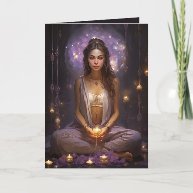 Meditating Yoga Girl, Crystals Amethyst Birthday Kort (Framsida)