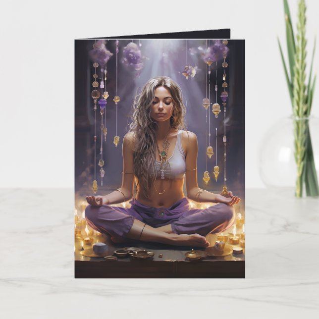 Meditating Yoga Girl, Crystals Amethyst Birthday Kort (Framsida)