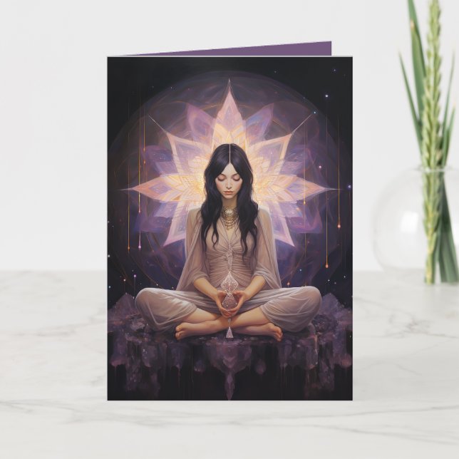 Meditating Yoga Girl, Crystals Amethyst Birthday Kort (Framsida)