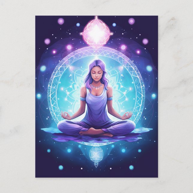 Meditating Yoga Girl, Crystals Amethyst Lotus Vykort (Framsida)