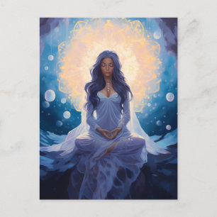 Meditating Yoga Girl, Crystals Dreamy Blue Guld Vykort
