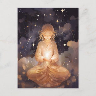 Meditating Yoga Girl, Dreamy Star Clouds Celestial Vykort