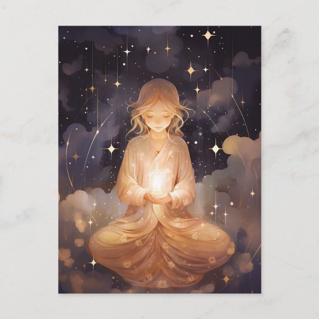 Meditating Yoga Girl, Dreamy Star Clouds Celestial Vykort (Framsida)