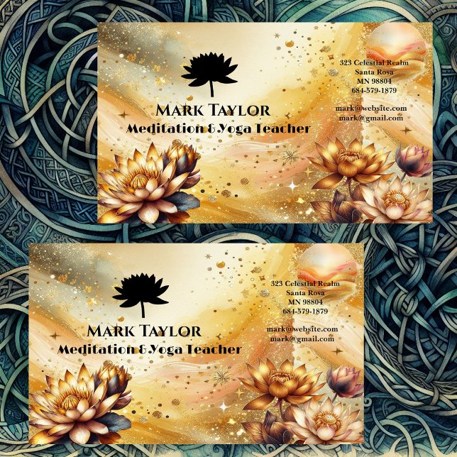 Meditation Andlig Yoga Teacher Guld Lotus Logotyp Visitkort (Meditation Spiritual Yoga Teacher Gold Lotus Logo Business Card)