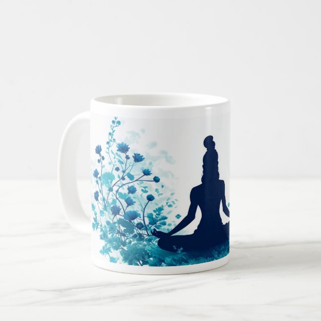 Meditation Illustration Mugg - Serene Blue Blommig (Framsida vänster)