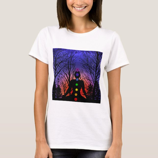 Meditation och Träd på en stjärnkväll Sunset T Shirt (Framsida)