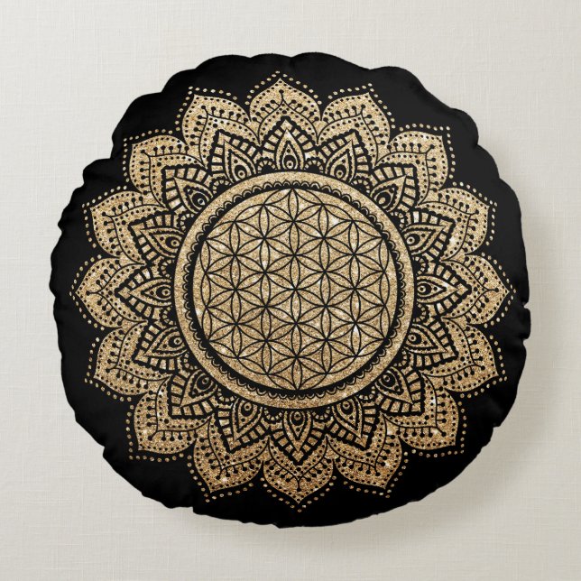 Meditation Pillow-blomman Mandala Guld Rund Kudde (Framsidan)