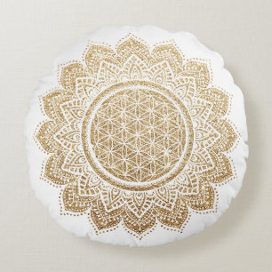 Meditation Pillow-blomman Mandala Guld Rund Kudde
