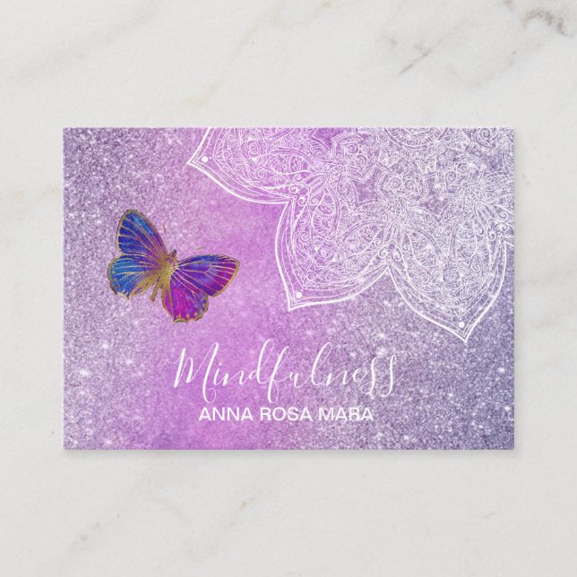 *~* Meditation Reiki Mandala Butterfly Glitter Visitkort (Framsida)