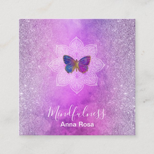 *~* Meditation Reiki Mindfulness Mandala Butterfly Fyrkantigt Visitkort (Framsida)