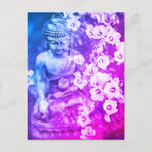 *~* Meditation Zen Buddha Meditate Blommigt Aqua Vykort