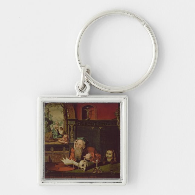 Meditationen av St Jerome (olja på panel) Fyrkantig Silverfärgad Nyckelring (Framsidan)