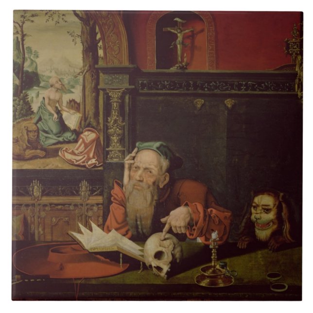 Meditationen av St Jerome (olja på panel) Kakelplatta (Framsidan)