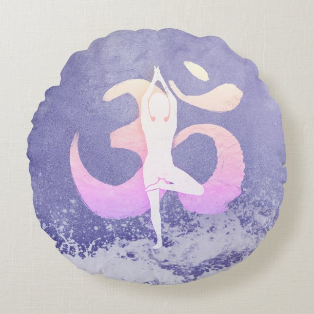 Meditationsföreläsare Yoga Pose Om-tecken Rund Kudde (Framsidan)