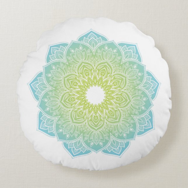 Meditationskudde med mandaladal teal grönt rund kudde (Framsidan)