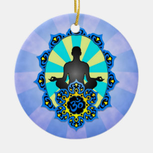 MeditationYoga Aum, blått och gult Julgransprydnad Keramik
