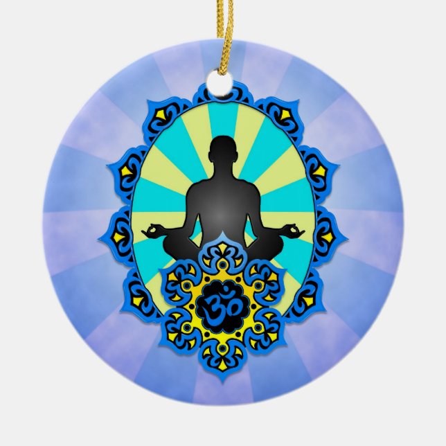 MeditationYoga Aum, blått och gult Julgransprydnad Keramik (Framsidan)