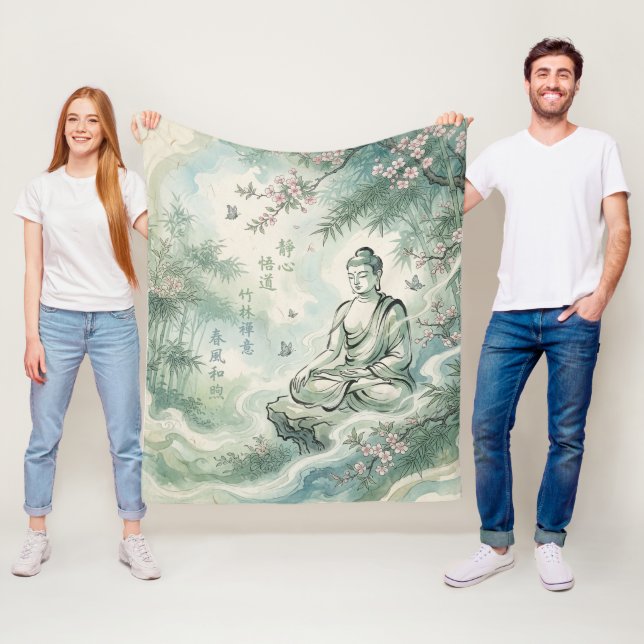 Meditativ Buddha Bambu Bläckkonst Fleecefilt (På plats)