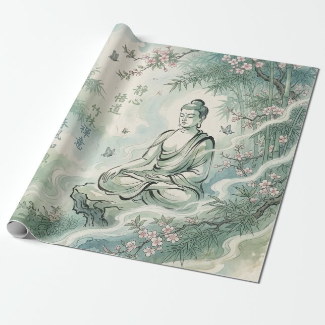 Meditativ Buddha Bambu Bläckkonst Presentpapper (Utrullad)