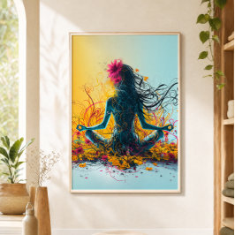 Meditativ kvinna lotus yogaställning färgglada blo poster