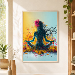Meditativ kvinna lotus yogaställning färgglada blo poster