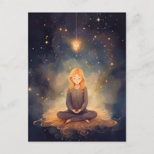 Meditativ yogaflicka, drömmiga stjärnmoln Celestia Vykort