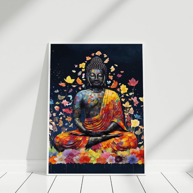 Meditera Buddha med färgade Wildblommor Poster (Meditating Buddha with Colorful Wildflowers Poster in white frame against white wall.)