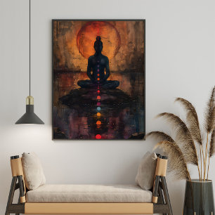 Meditering av målning av dammsolnedgång poster