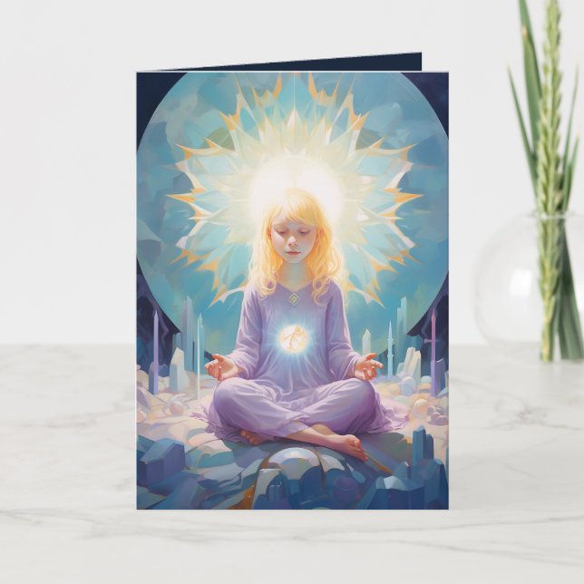 Meditering Yoga Girl Crystals Blue Lila Birthday Kort (Framsida)