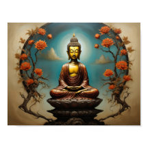 Mediternade Gautama Buddha med blommor träd