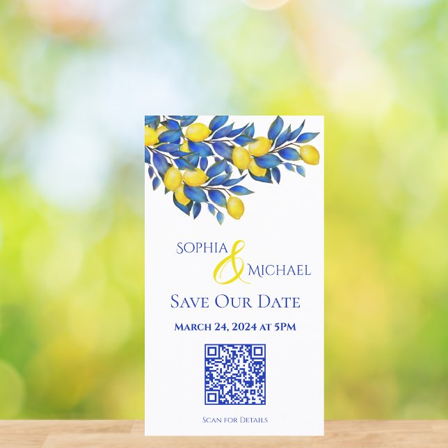 Mediterrana citroner-Spara datum-QR-kod- Visitkort (Mediterranean-Lemons-Save the Date-QR code)